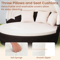 Tangkula Patio Round Daybed with Retractable Canopy Center Table & Throw Pillows