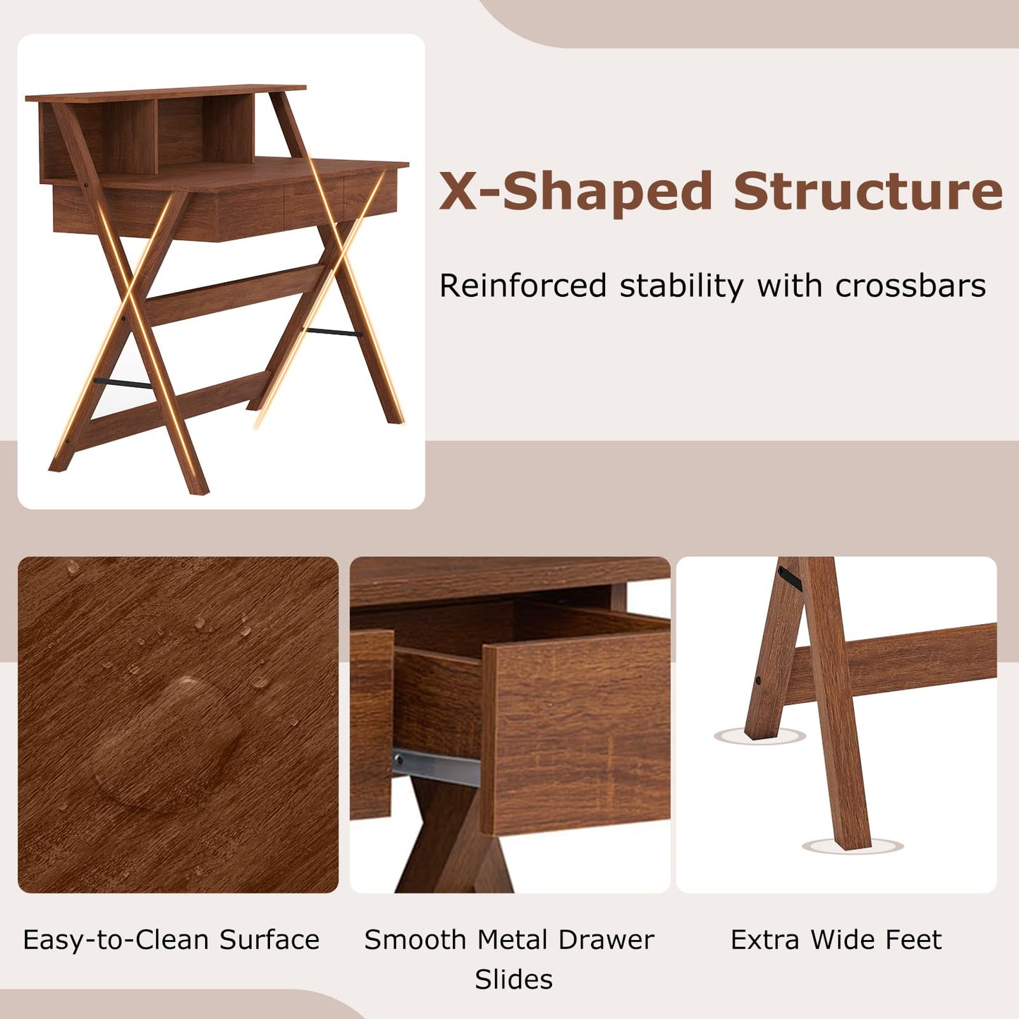 Tangkula Bureau Mid-Century avec 3 Tiroirs de Rangement