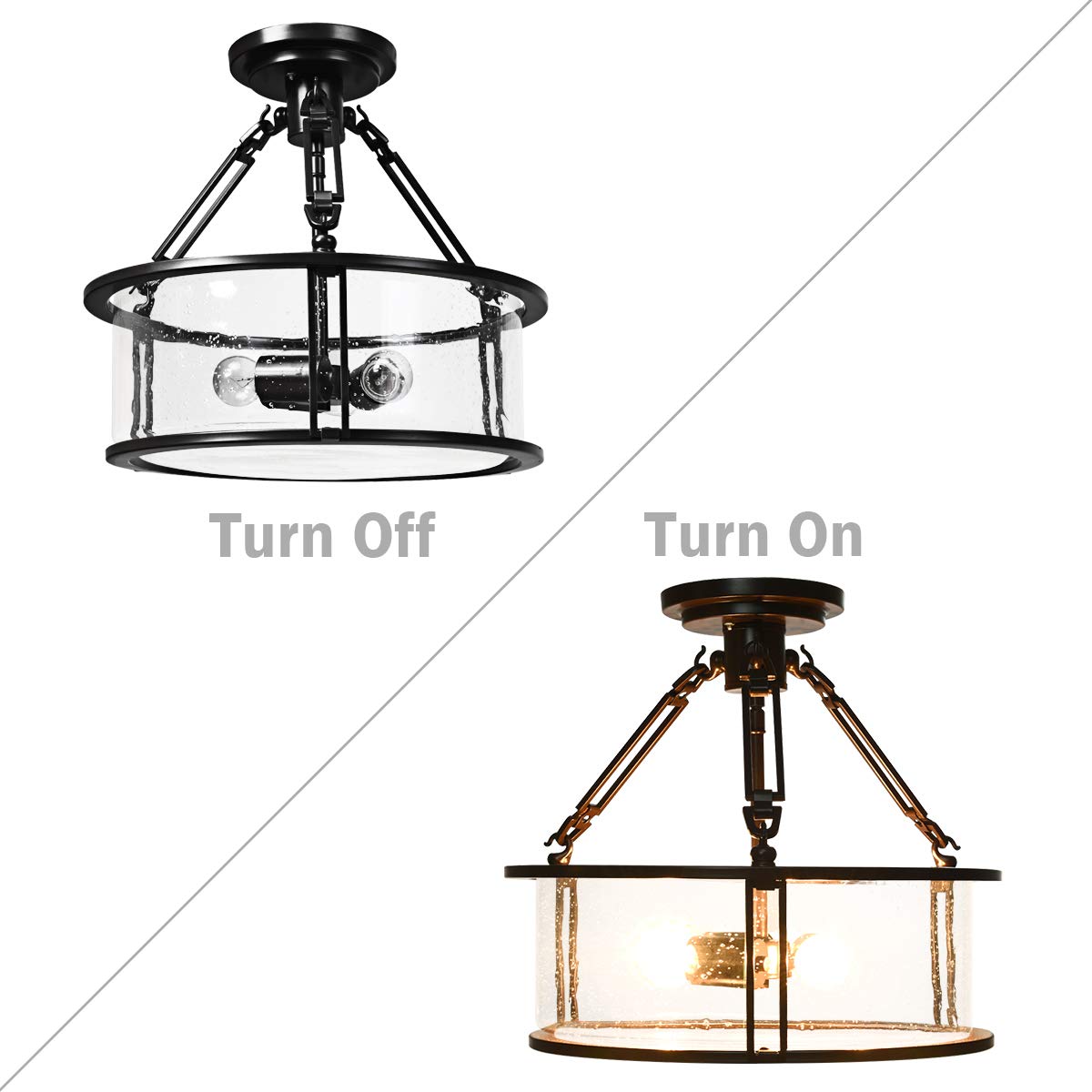 Plafonnier Tangkula Semi Flush Mount, plafonnier 3 lumières avec abat-jour en verre bullé