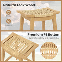 Tangkula Teak Wood Bar Stool, 29” Patio Rattan Barstool with Footrest & Saddle Seat