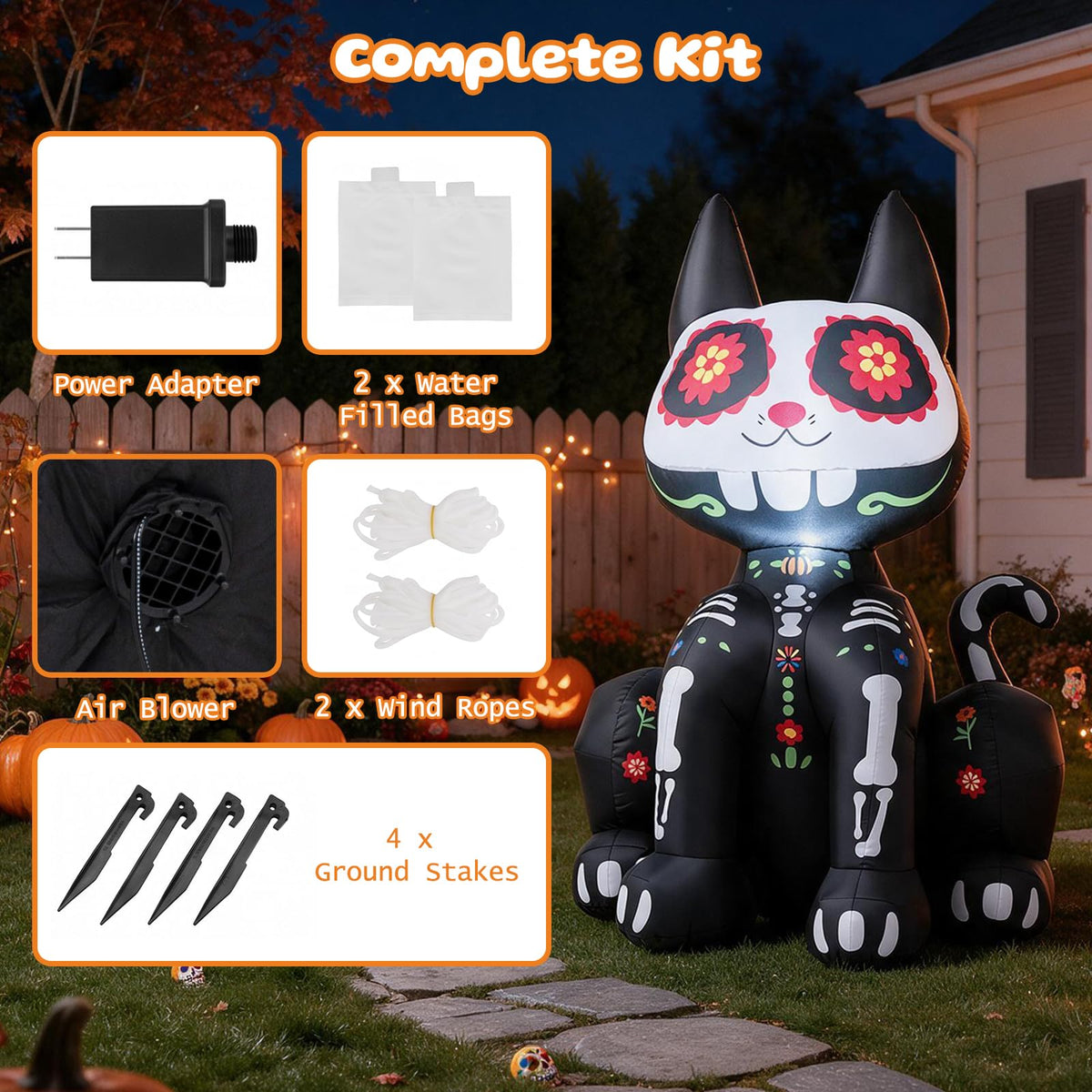 Tangkula 4 FT Day of the Dead Inflatable Skull Black Cat with LED Lights