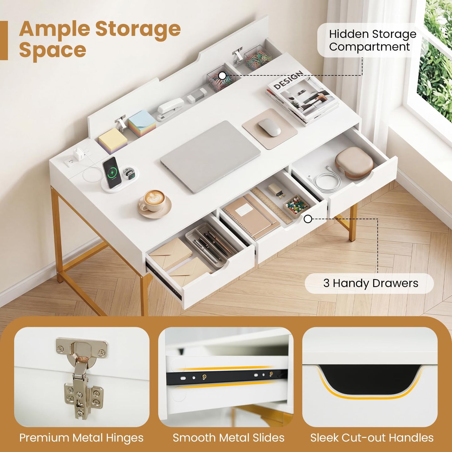 Tangkula Computer Desk with 3 Drawers & Power Outlets