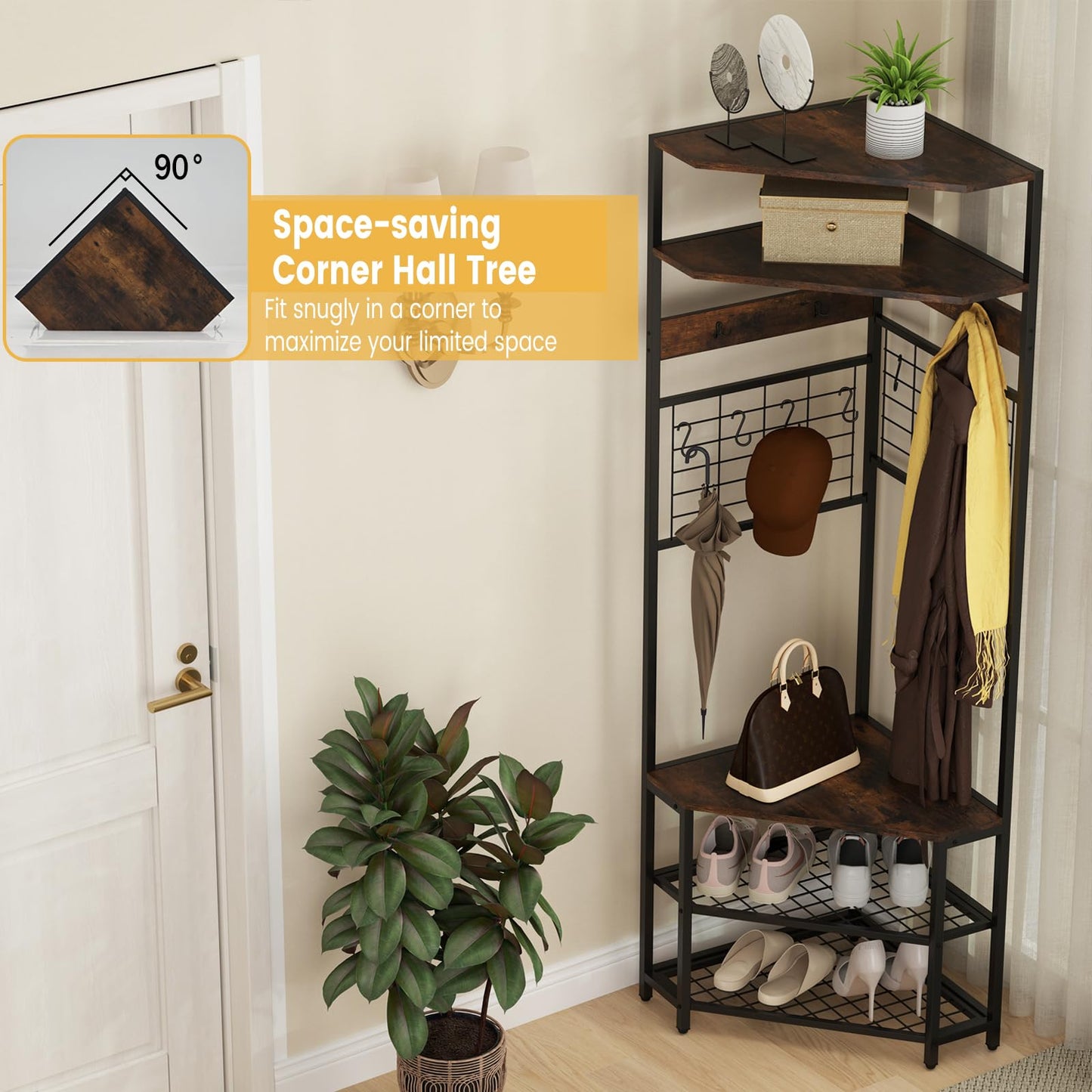 Tangkula 5-Tier Corner Hall Tree with Shoe Storage Bench