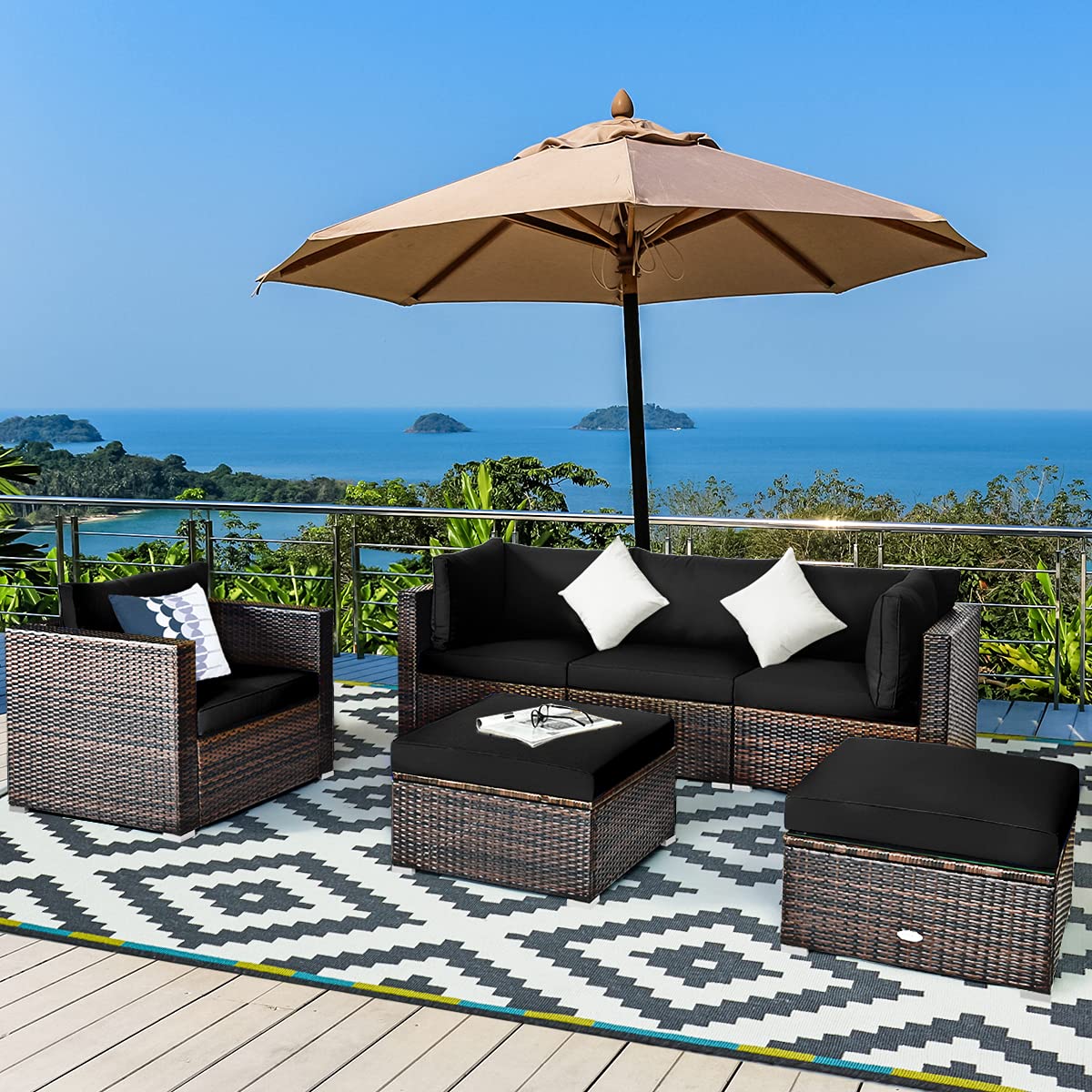 6 Pieces Patio Rattan Sectional Furniture Set, Outdoor Wicker Conversation Set with Glass Coffee Table Sofa Ottoman