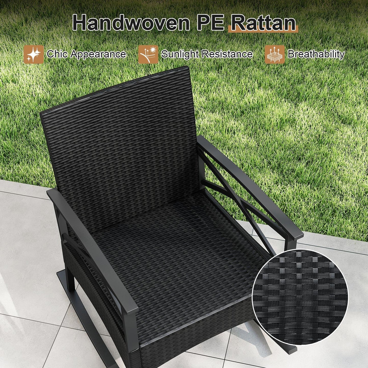 3 Pieces Rattan Outdoor Rocking Chairs Set with 2-Tier Tempered Glass Coffee Table