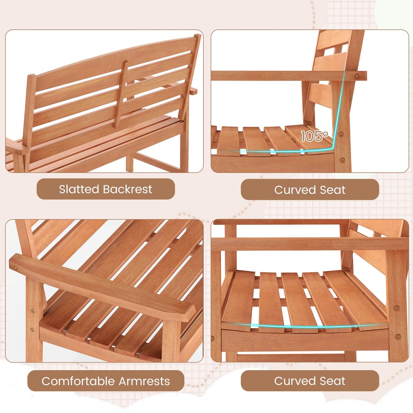 Tangkula Wooden Garden Bench, 2-Person Patio Loveseat with Slatted Backrest