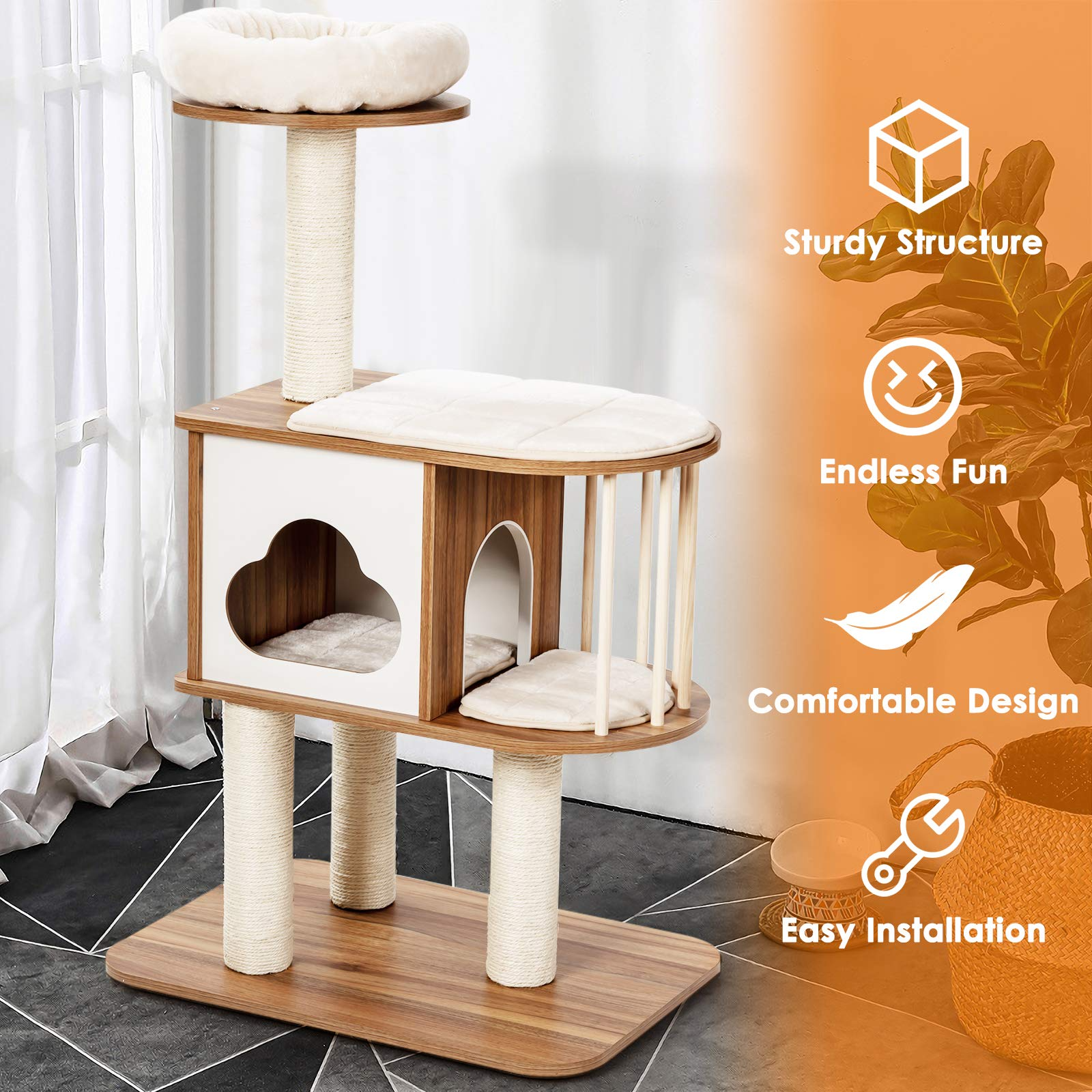 Modern Wood Cat Tree, 46 Inches Cat Tower with Platform - Tangkula