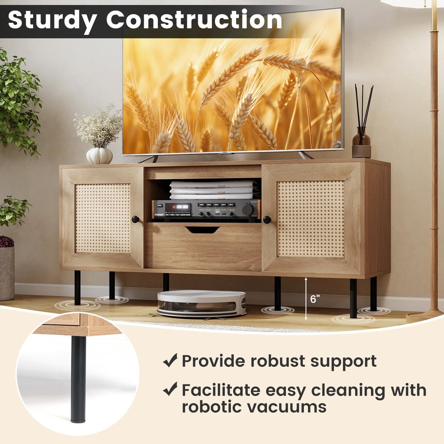 Tangkula Boho TV Stand for 50 55 60 Inch TV 52” Wooden Entertainment Center