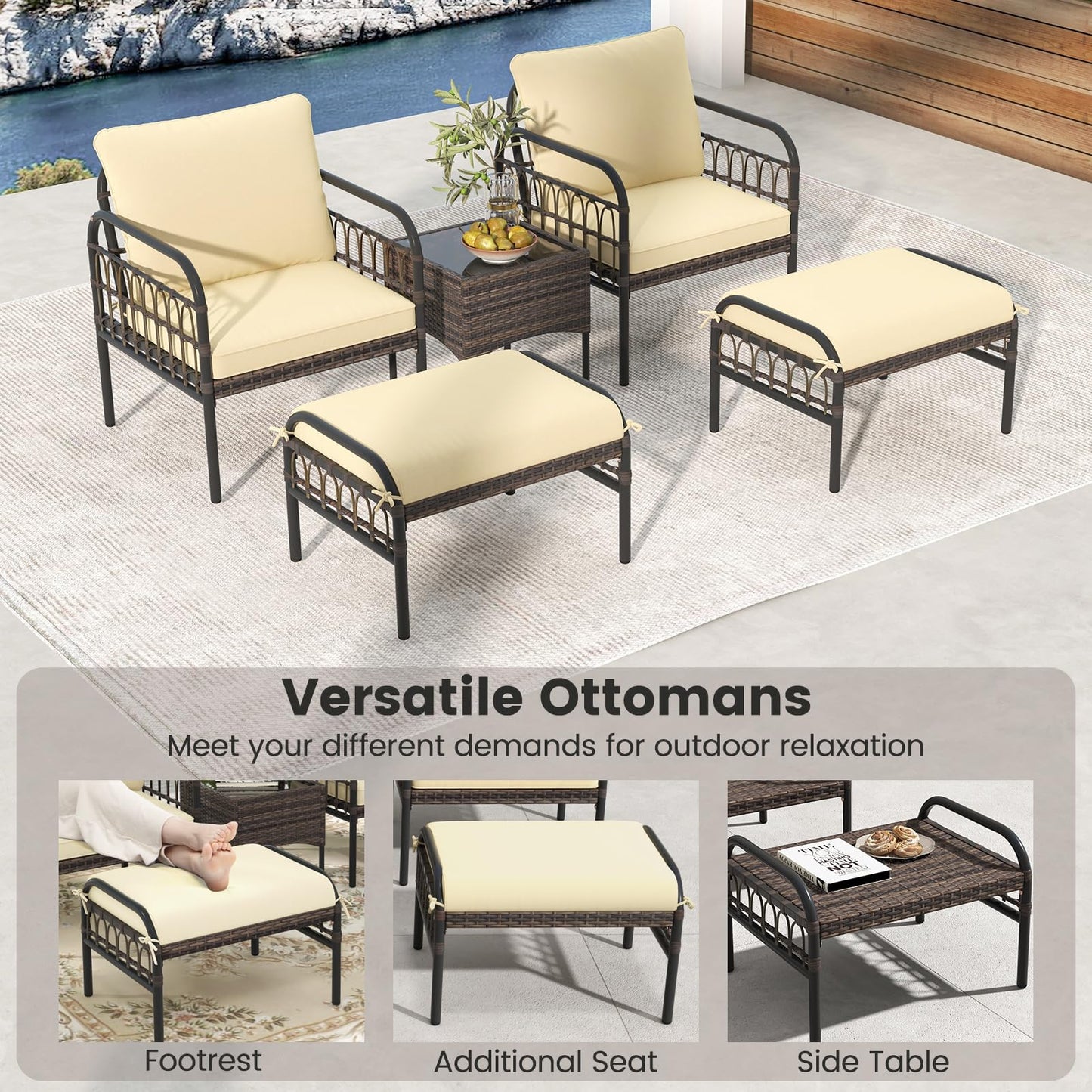 Tangkula 5 Piece Patio Conversation Set, Outdoor Wicker Chair Set w/Ottomans & Coffee Table