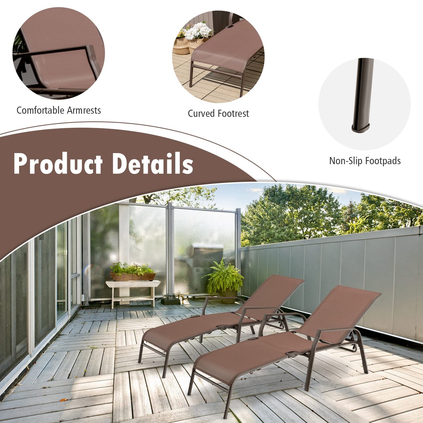 Tangkula 2 Piece Patio Adjustable Folding Stackable Chaise Lounge W/ 5-Position Backrest (Brown)