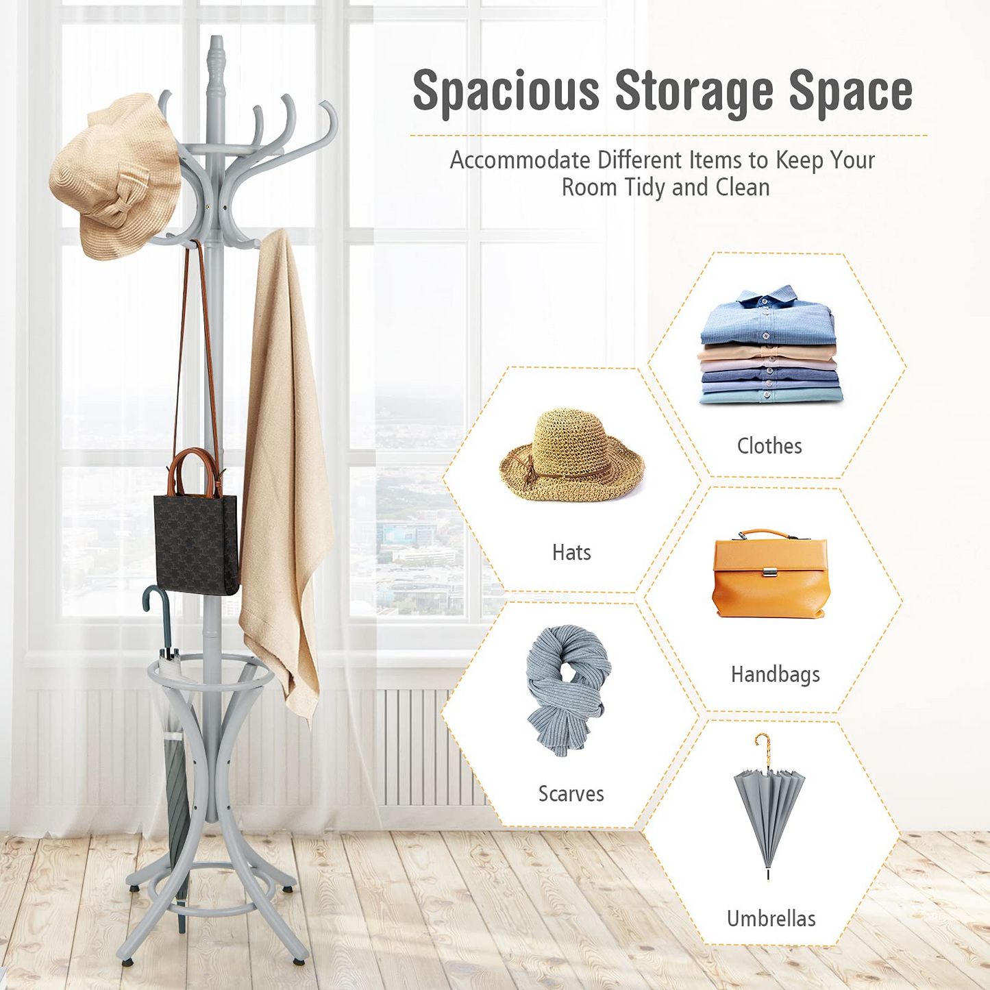 Tangkula 75.5" Standing Coat Rack, Wood Coat Tree with 12 Hooks