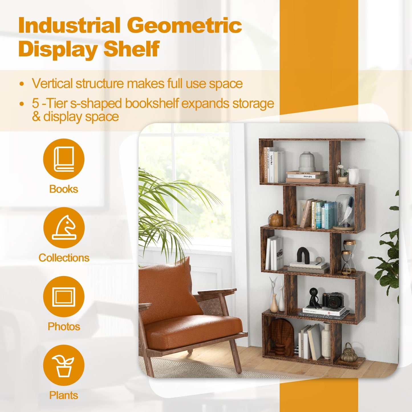 Tangkula 5-Tier Geometric Bookshelf