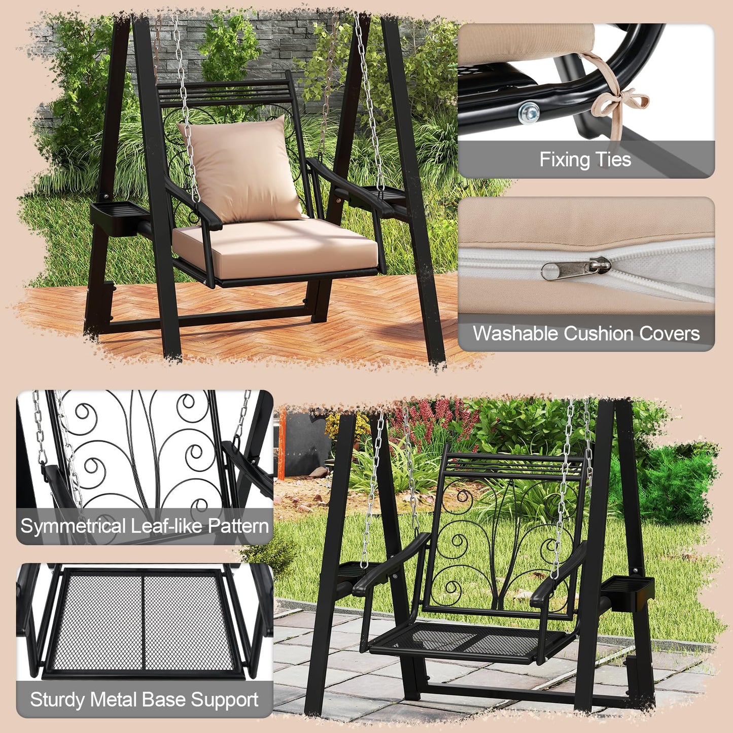 Balancelle de patio extérieure Tangkula avec cadre métallique robuste, coussins amovibles et tables d'appoint