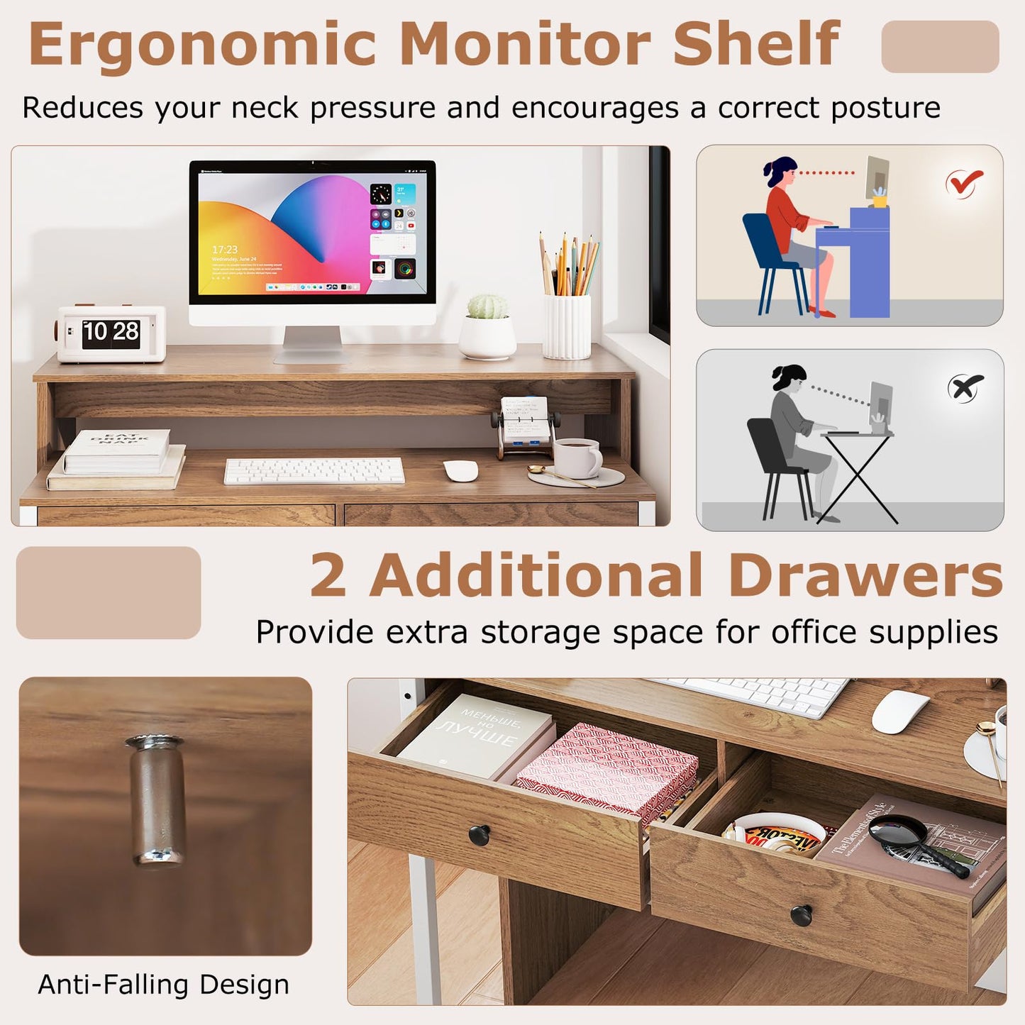 Tangkula Extendable Computer Desk with 2 Storage Drawers