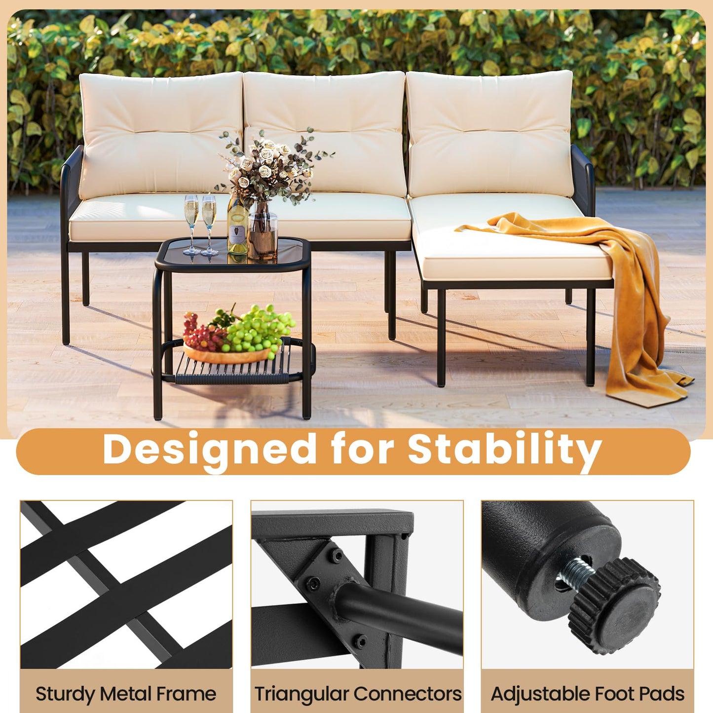 Ensemble de mobilier de patio Tangkula 3 pièces en forme de L avec table en verre trempé