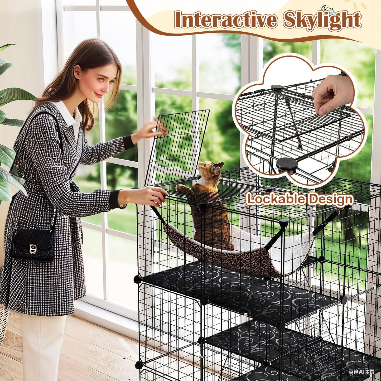 Tangkula Cat Cage Indoor 3-Tier Cat Enclosure with Skylight Hammock 2 Ladders