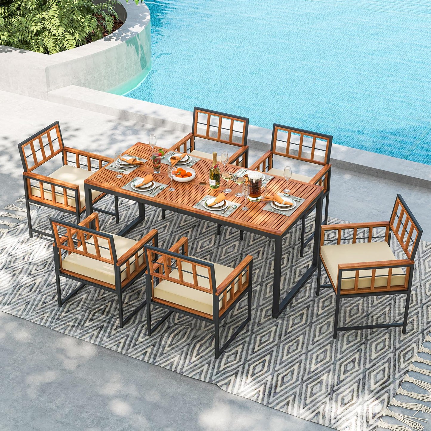 Tangkula 7 Pieces Patio Dining Set, Outdoor Acacia Wood Table and Chairs with Soft Cushions and Umbrella Hole