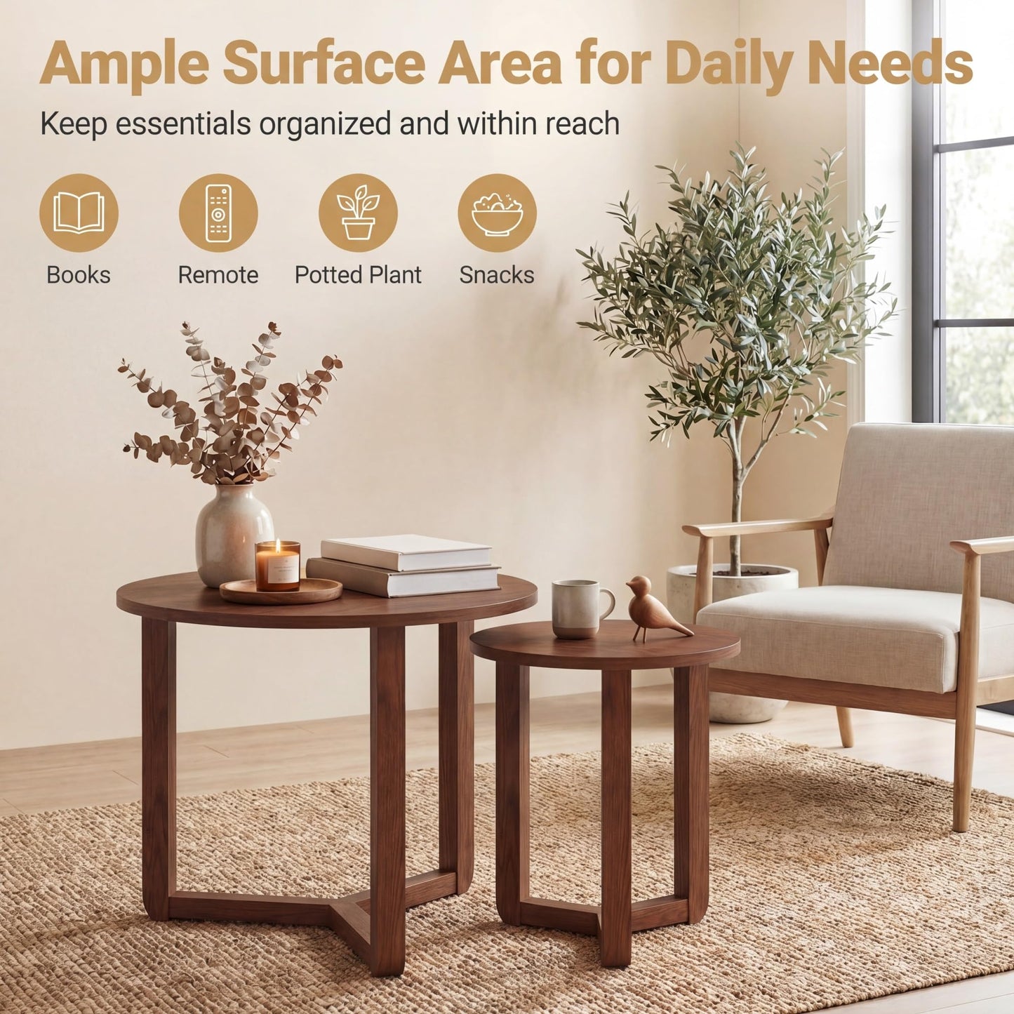 Tangkula Round Nesting Coffee Table Set of 2 with Solid Rubber Wood Tripod Legs