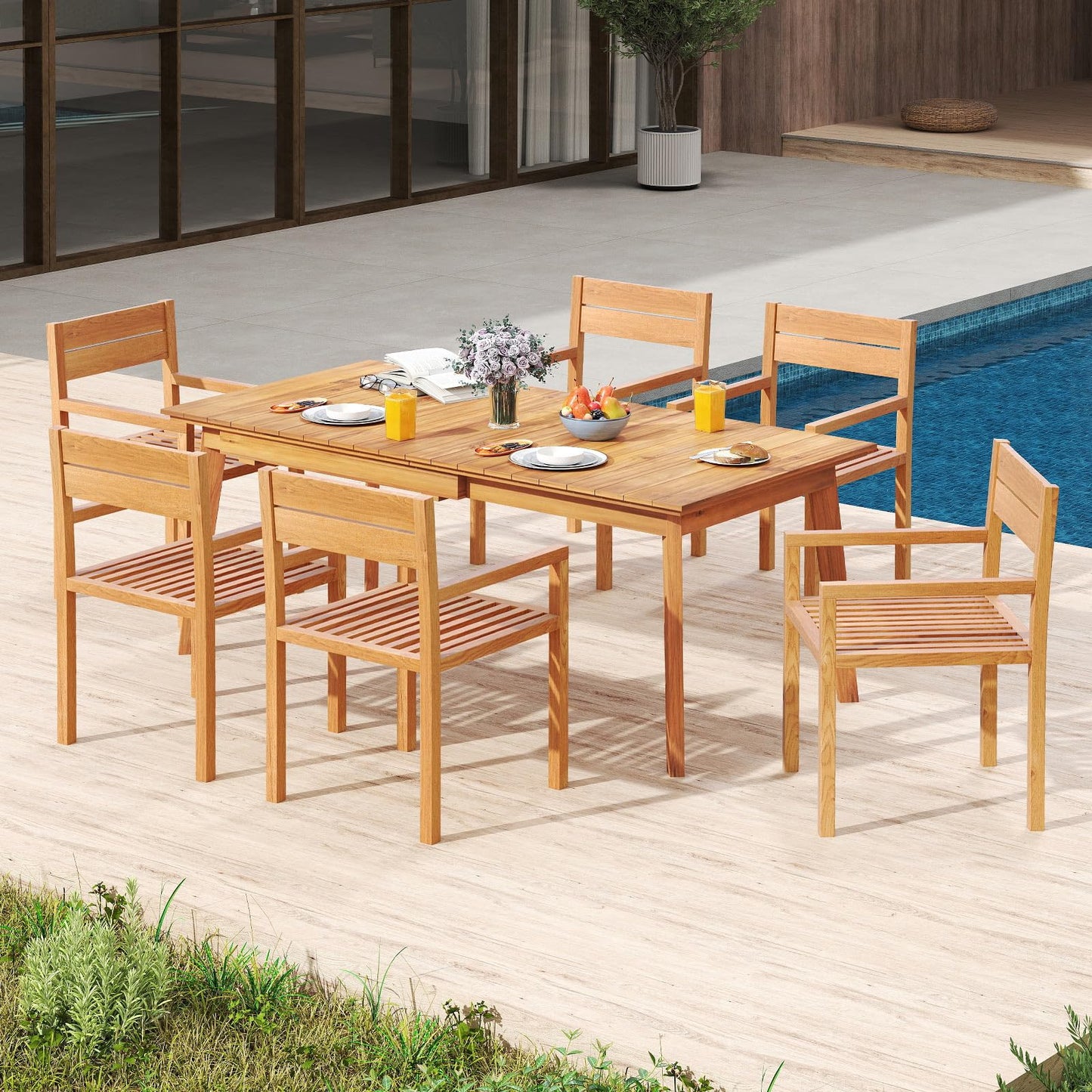 Tangkula Outdoor Teak Wood Chair Patio Dining Armchair w/Slatted Seat & Backrest