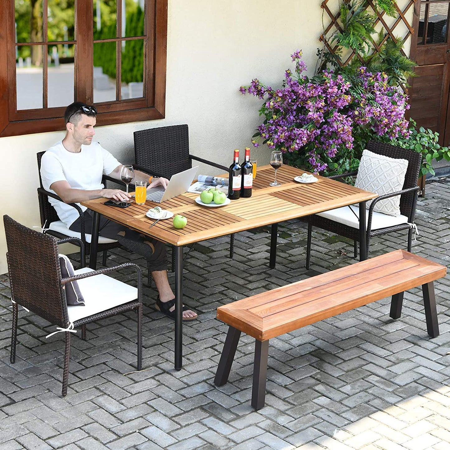 Outdoor Acacia Wood Bench, Patio Dining Bench Picnic Bench with Steel Legs