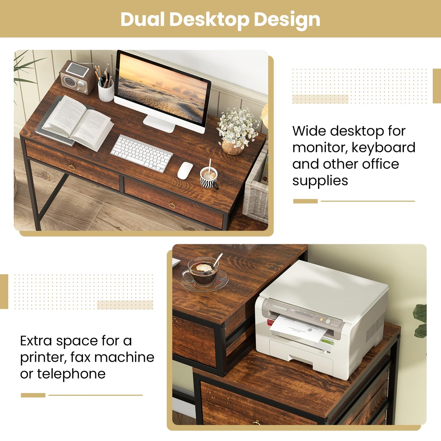 Tangkula Bureau d'ordinateur 130 cm avec 5 tiroirs, support pour imprimante, cadre en métal, table d'étude et d'écriture