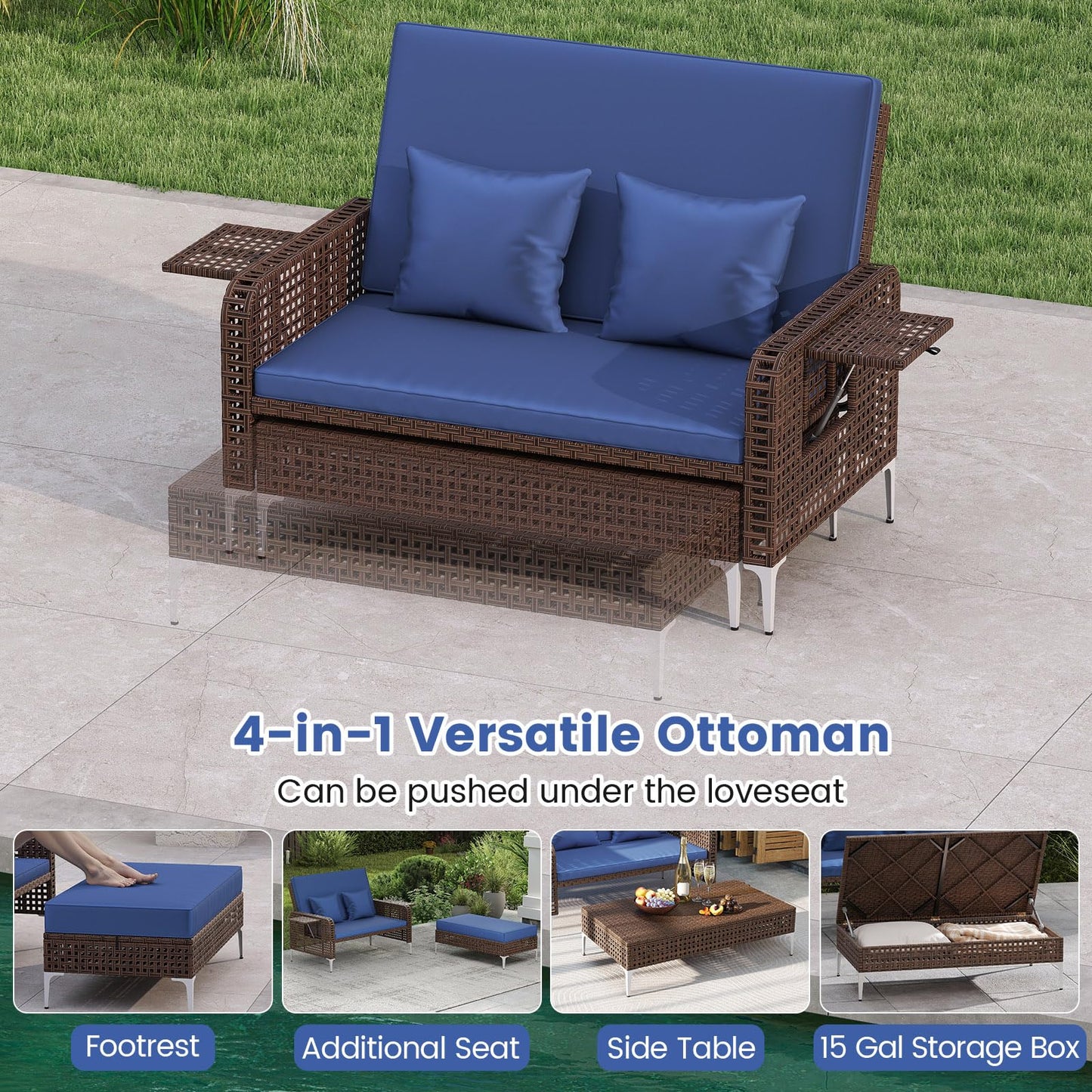 Tangkula Patio Rattan Daybed with 4 Level Adjustable Backrest