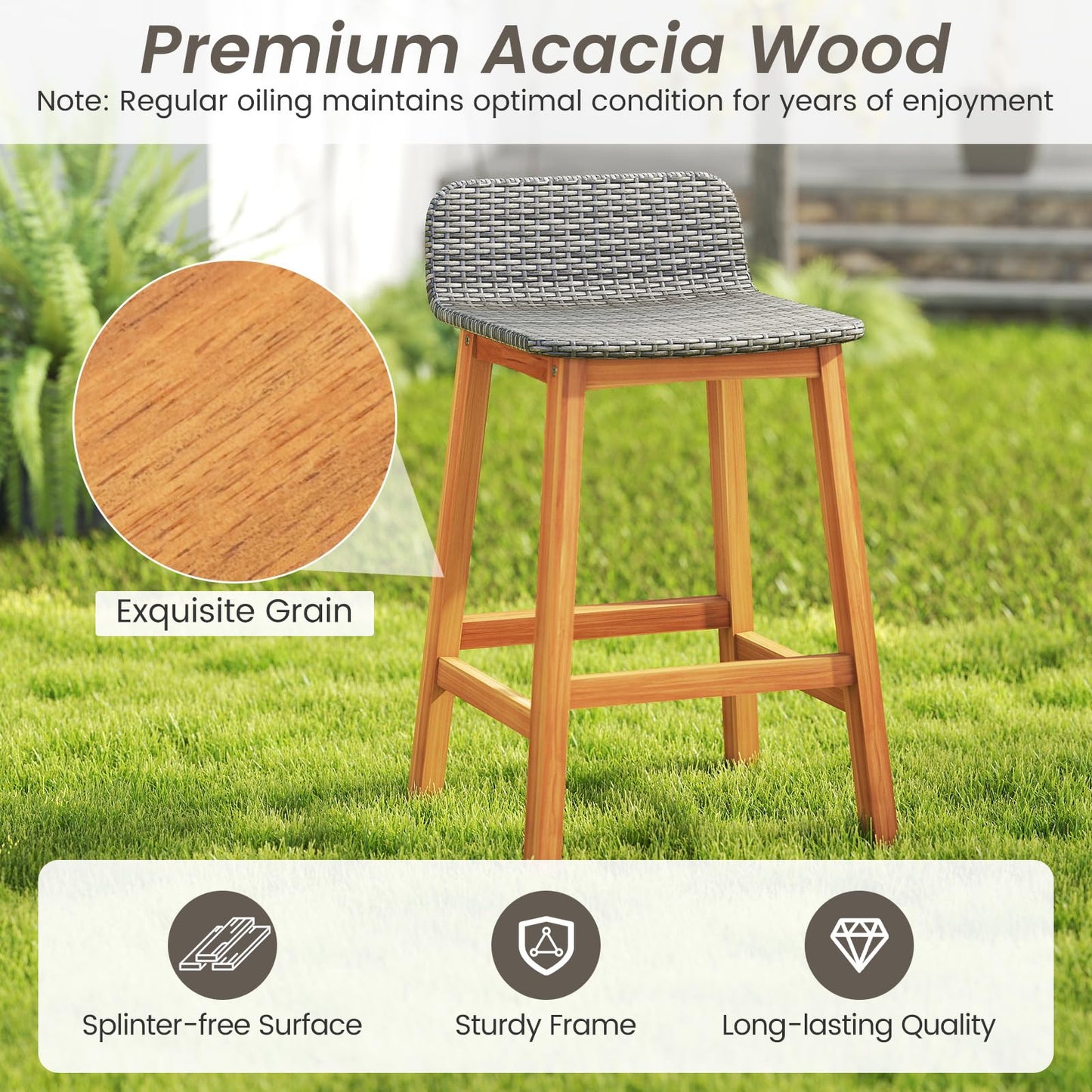 Tangkula Solid Acacia Wood Bar Stools Set