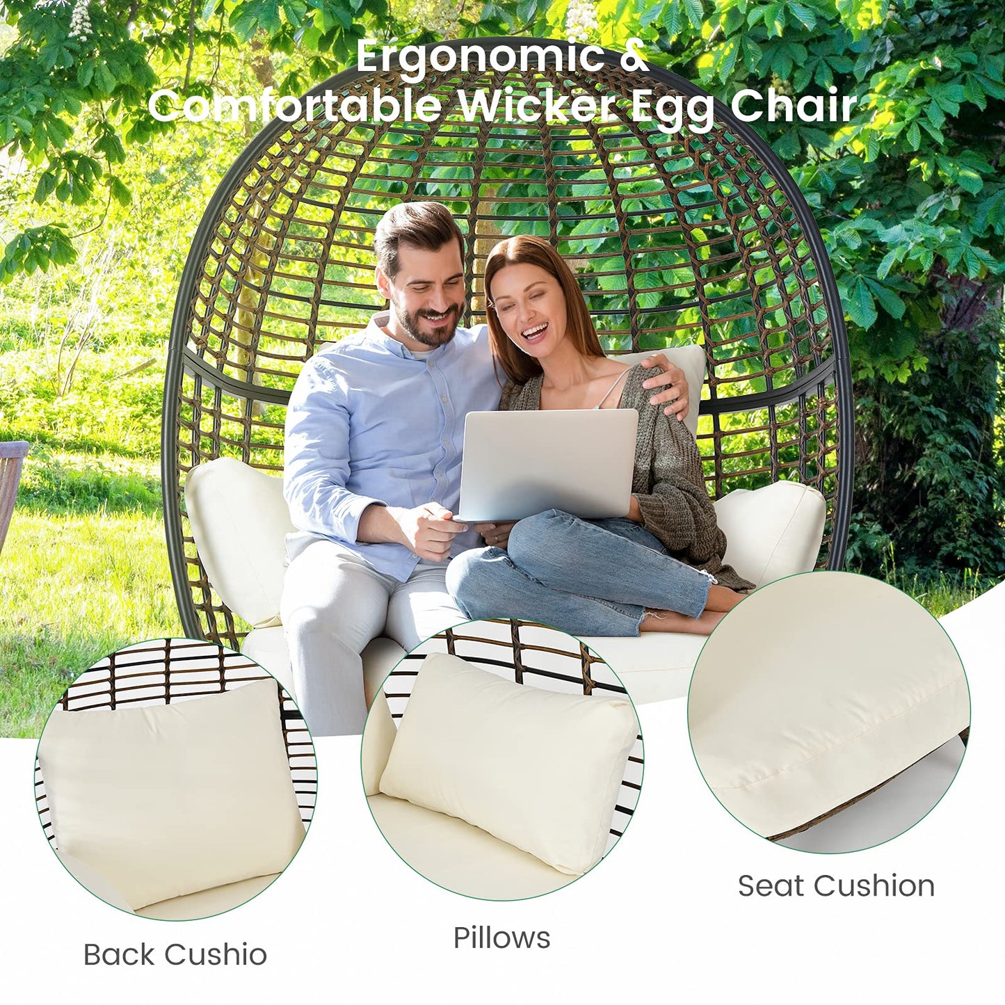 Tangkula Oversized Wicker Egg Chair, Wicker Patio Basket Circle Lounge Chair w/Metal Stand & 4 Thick Cushions, 450 LBS Max Load