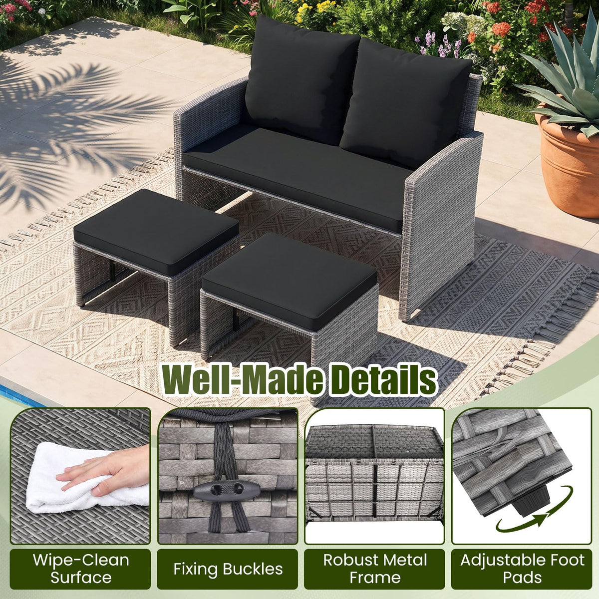 Tangkula Outdoor Loveseat with 2 Ottomans