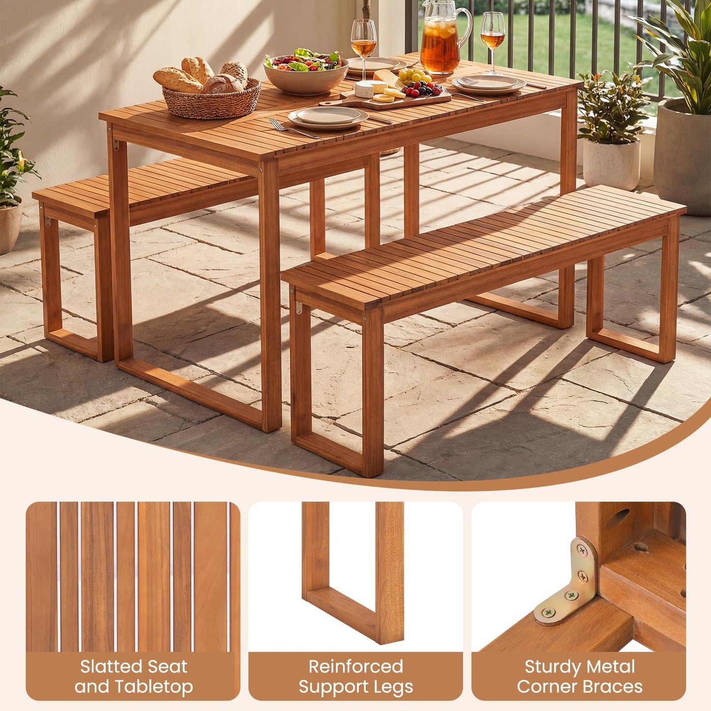 Tangkula 3 Pieces Patio Wooden Dining Set