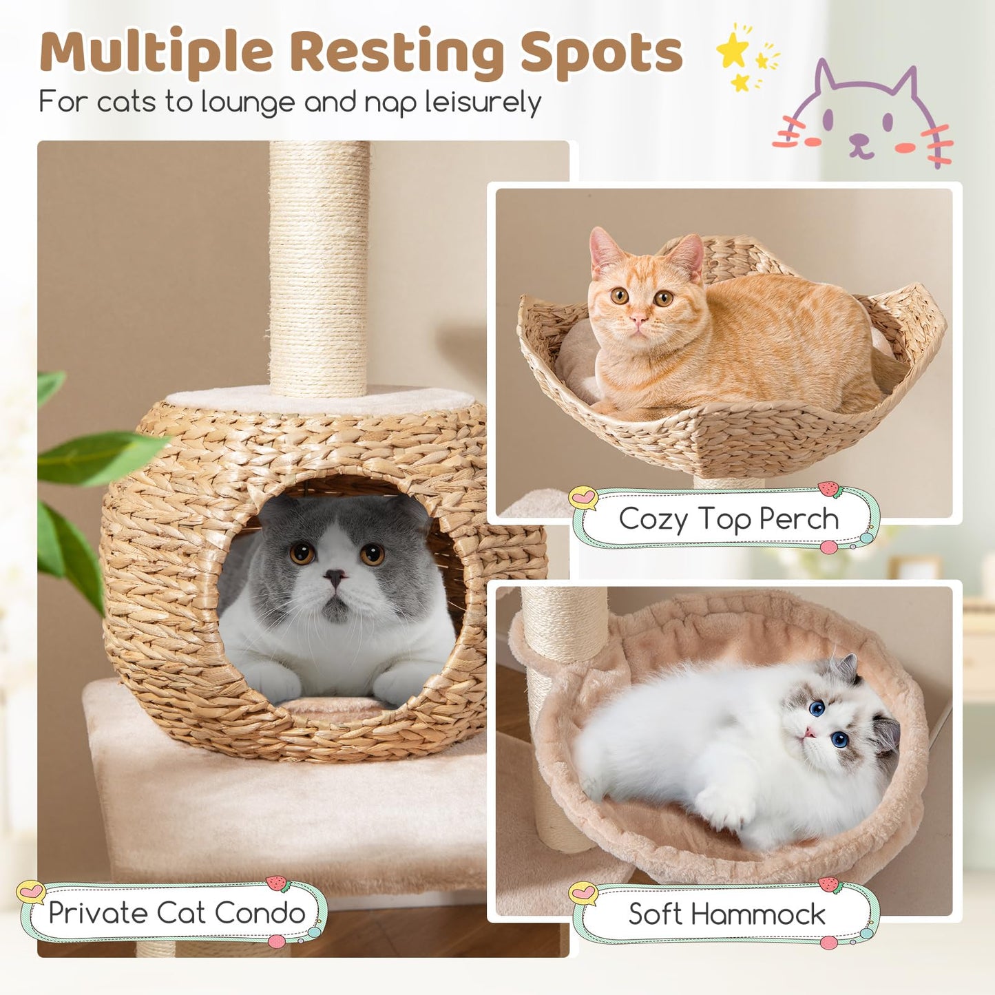 Arbre à chat Tangkula 59 pouces, tour à chat multi-niveaux avec poteaux à gratter en sisal