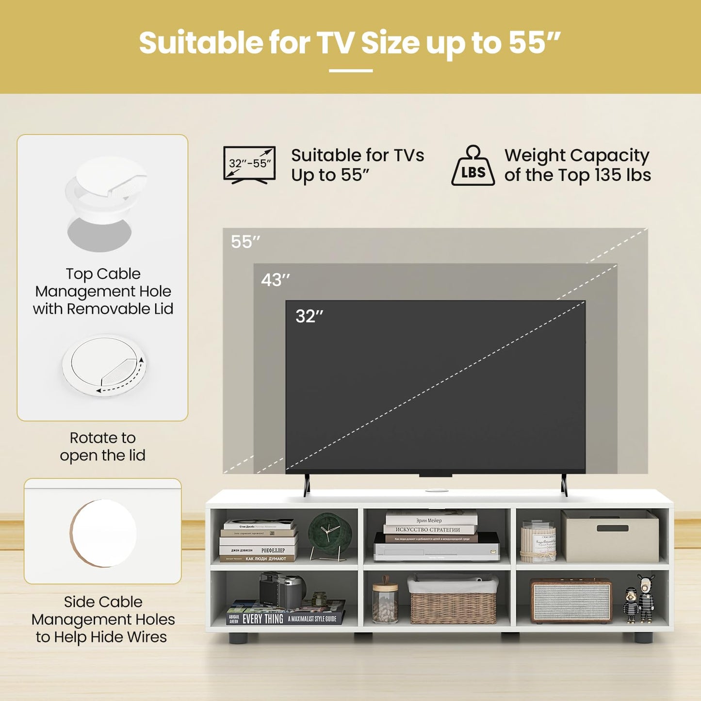 Tangkula White TV Stand for TV up to 55 Inch, TV Console Table with 6 Cubbies, 5 Positions Adjustable Shelves