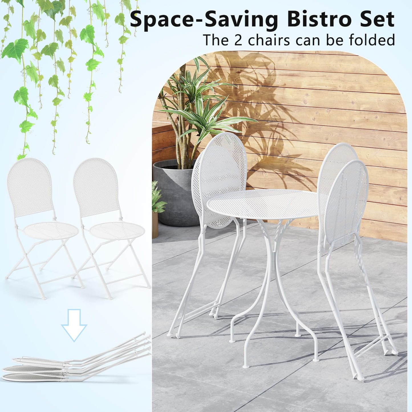 Tangkula 3 Pieces Patio Bistro Set, Metal Table and Folding Chair Set for 2