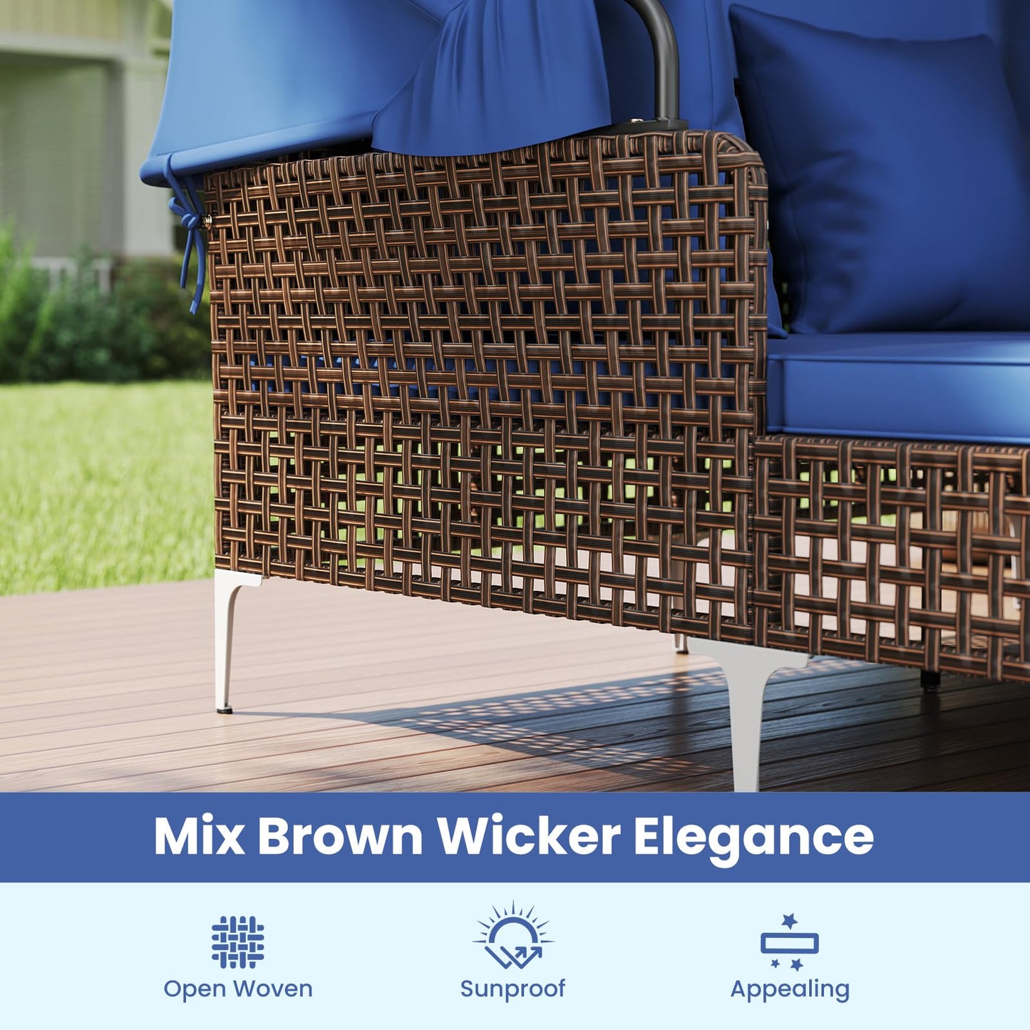 Tangkula Outdoor Rattan Double Daybed with Metal Support for Backyard