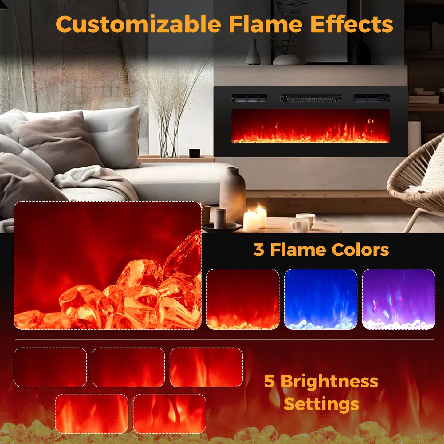 Tangkula 36 Inches Electric Fireplace, 5,000 BTU Fireplace Insert with LED Light Strips, Remote