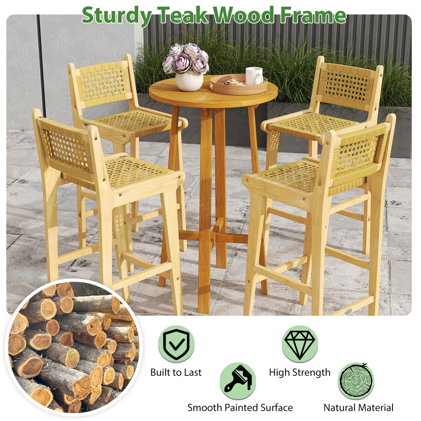 Tangkula Patio Teak Wood Bar Stools（1/2/4）