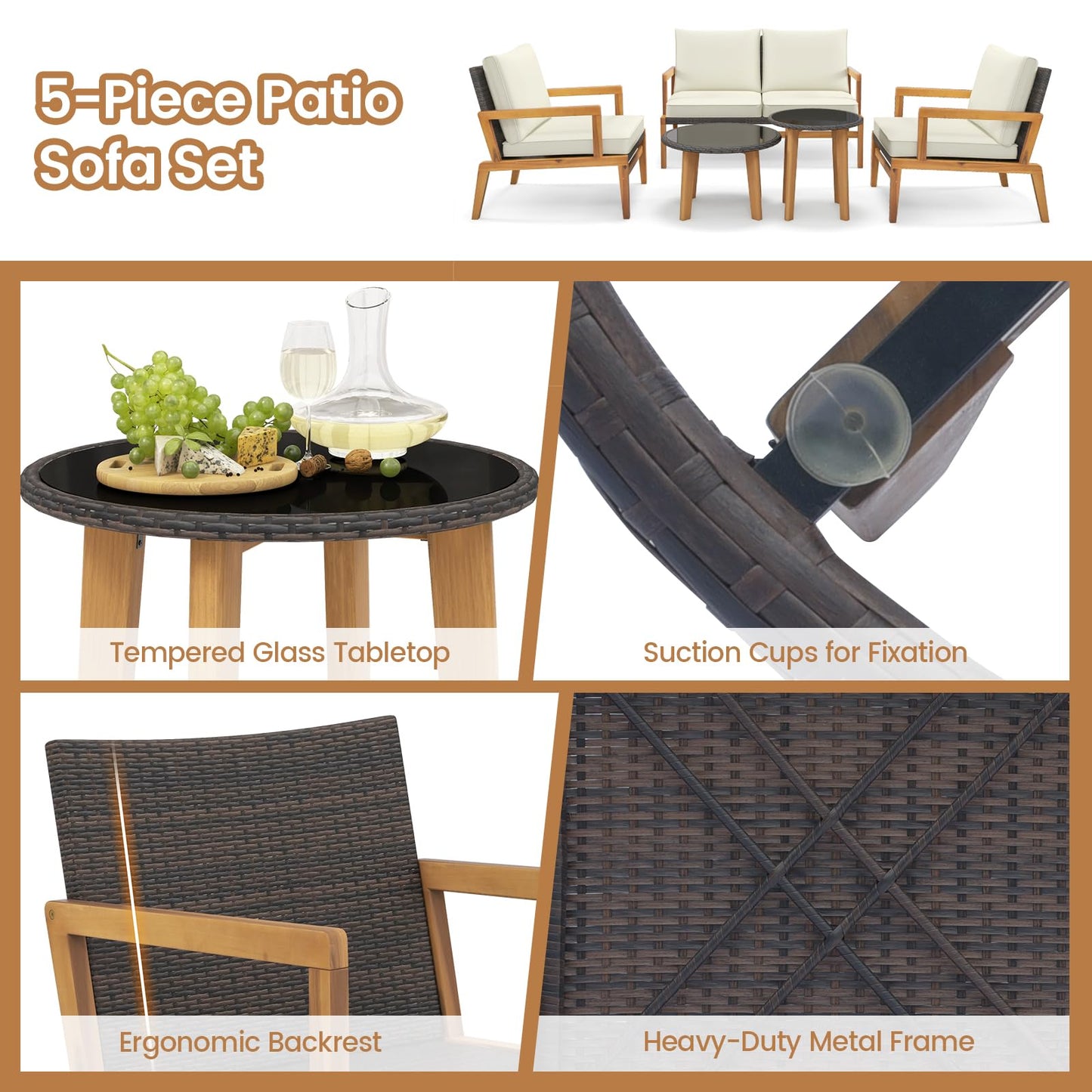 Tangkula 5 Piece Rattan Furniture Set, Patiojoy Wicker Sofa Set with Solid Acacia Wood Frame & 2 Tempered Glass Coffee Tables