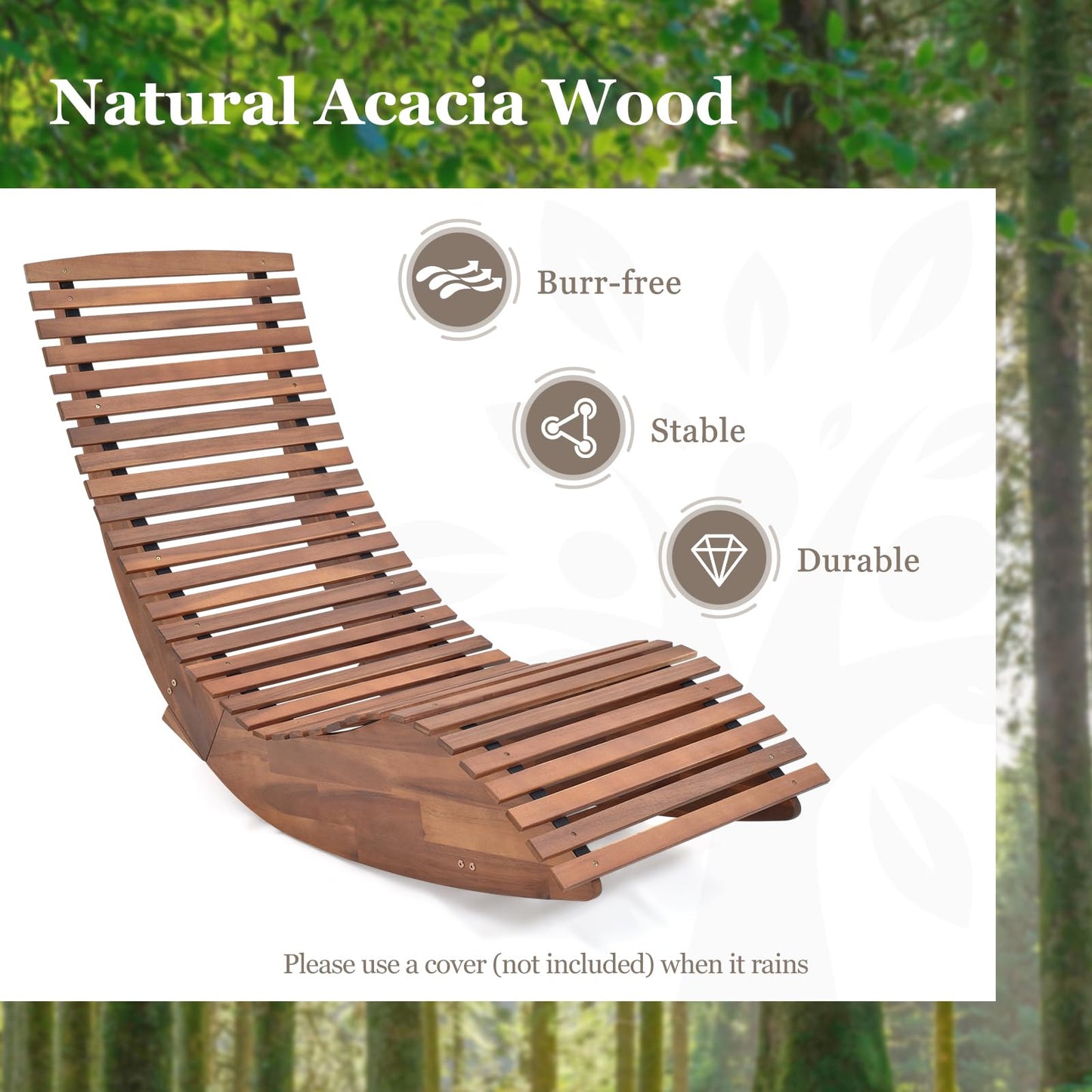 Chaise à bascule d'extérieur Tangkula en bois d'acacia, fauteuil à bascule de véranda avec siège à lattes élargi et dossier haut
