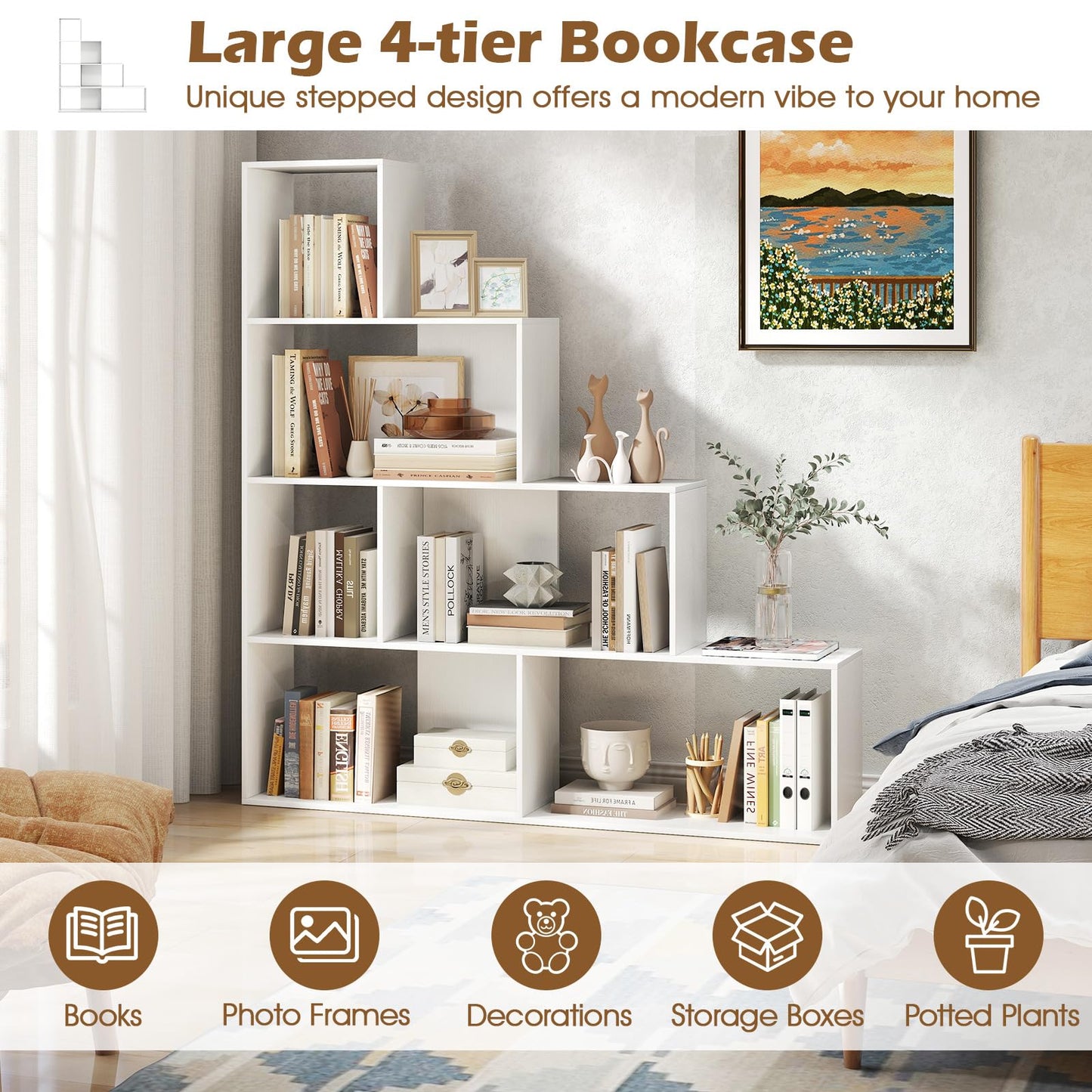 Tangkula 10 Shelves Bookshelf, L Shaped Freestanding Ladder Corner Bookshelf