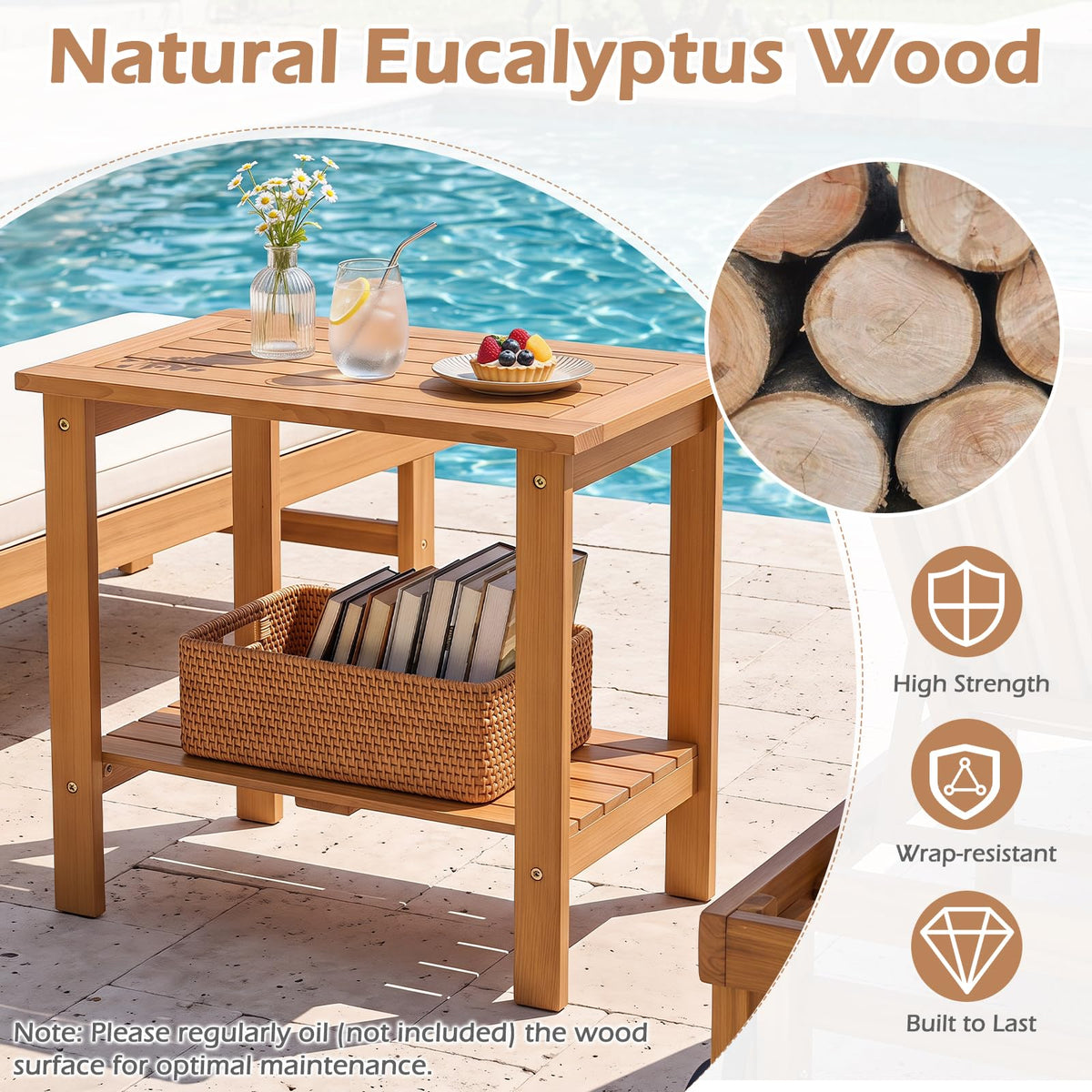 Tangkula Outdoor 2-Tier Eucalyptus Wood Side Table ( Rectangular,1/2)