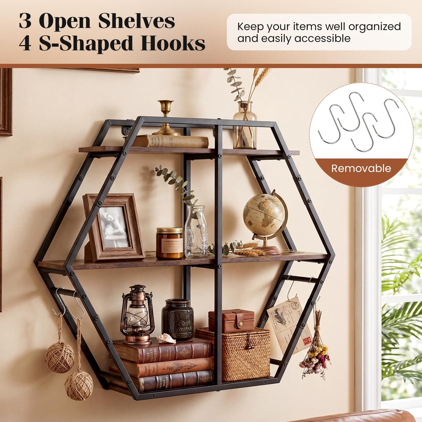Tangkula 3-Tier Geometric Bookcase with 4 S-Shaped Hooks & Heavy Duty Metal Frame