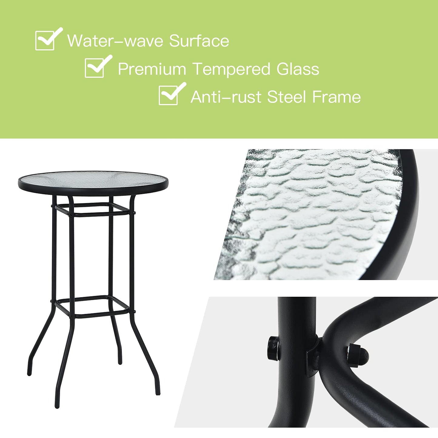 3 Pieces Outdoor Patio Bar Set, Outdoor Bistro Set with 2 Bar Stools and 1 Tempered Glass Bar Table