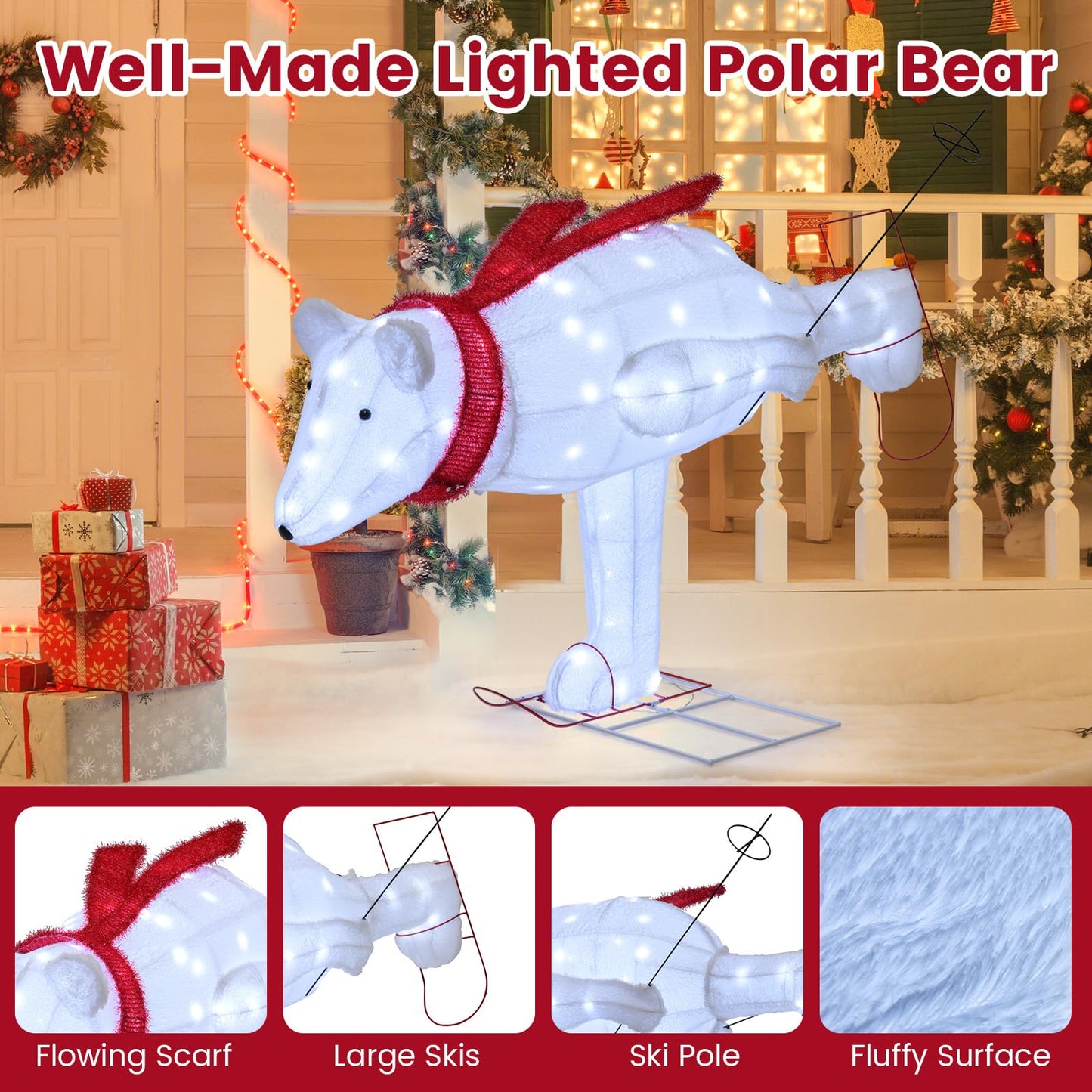 Tangkula 4.5 ft Christmas Skiing Polar Bear, Pre-Lit Xmas Bear Ornament w/ 80 LED Lights