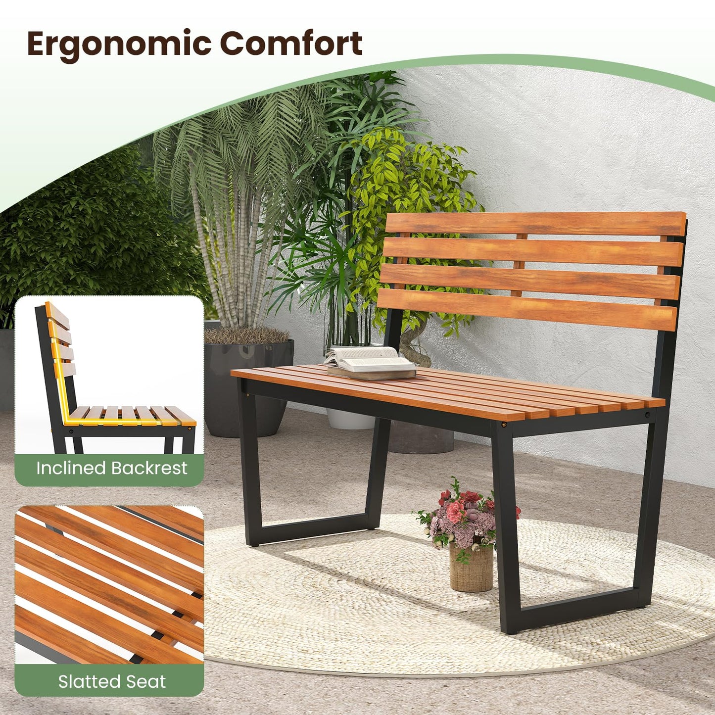 Banc d'extérieur en bois Tangkula 43" avec cadre métallique robuste