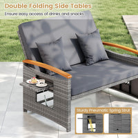 Tangkula Outdoor Wicker Loveseat with Acacia Wood Armrest Storage Ottoman & Folding Tray