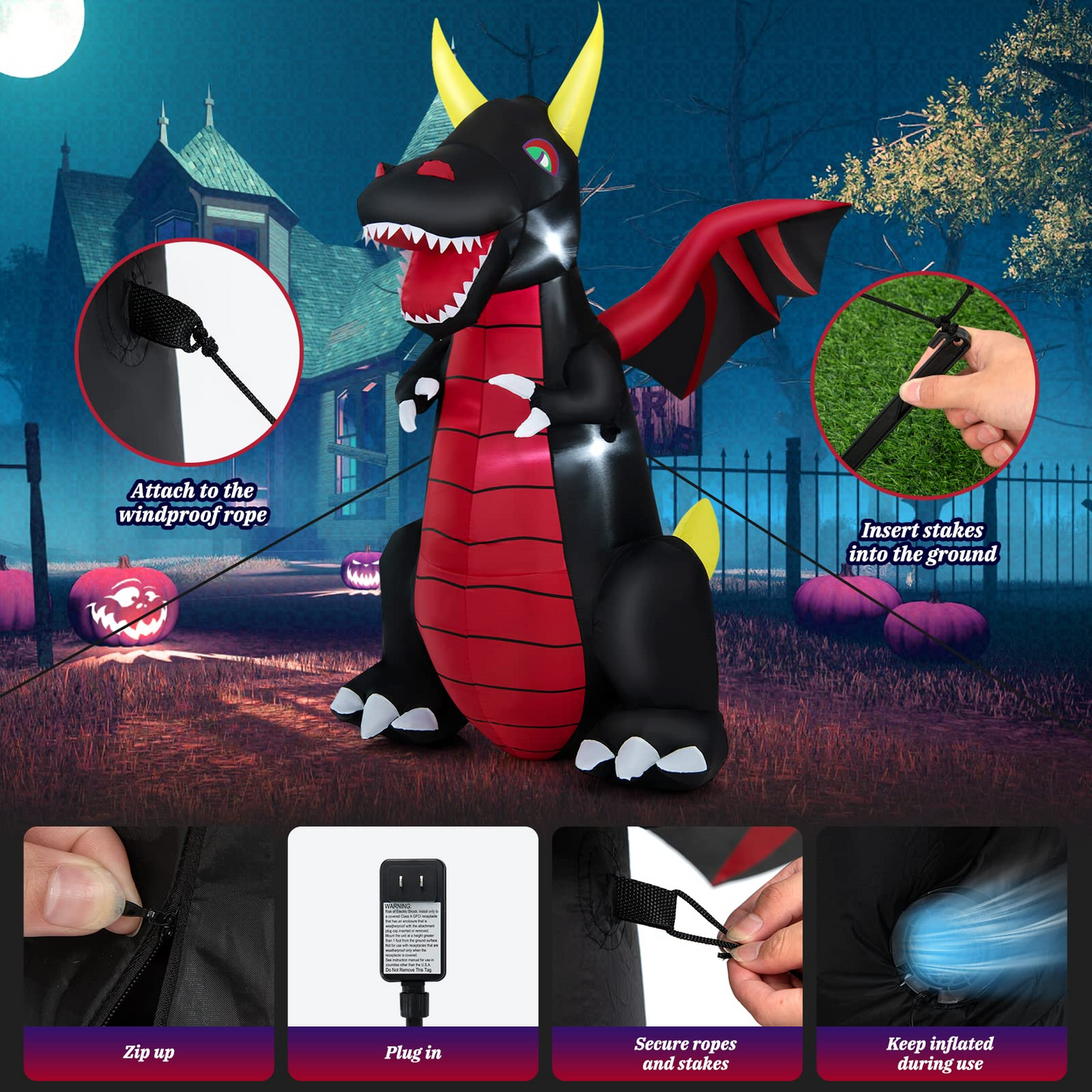 Tangkula 8 FT Tall Halloween Inflatable Decoration, Outdoor Blow Up Giant Dragon w/ Wings, Bright LED Lights