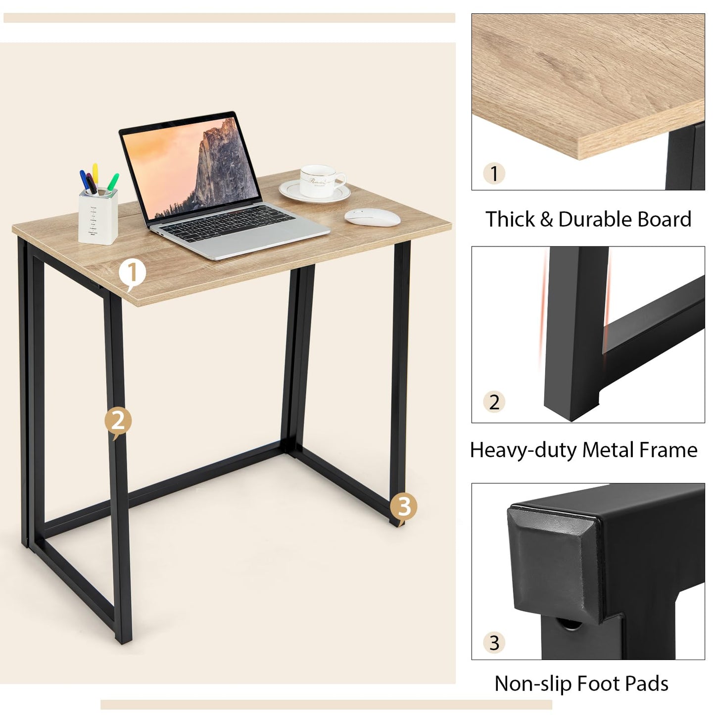 Tangkula Bureau Informatique Pliant, Bureau d'Ordinateur Portable Pliable avec Rabat de 80 cm, Bureau d'Étude pour Petits Espaces