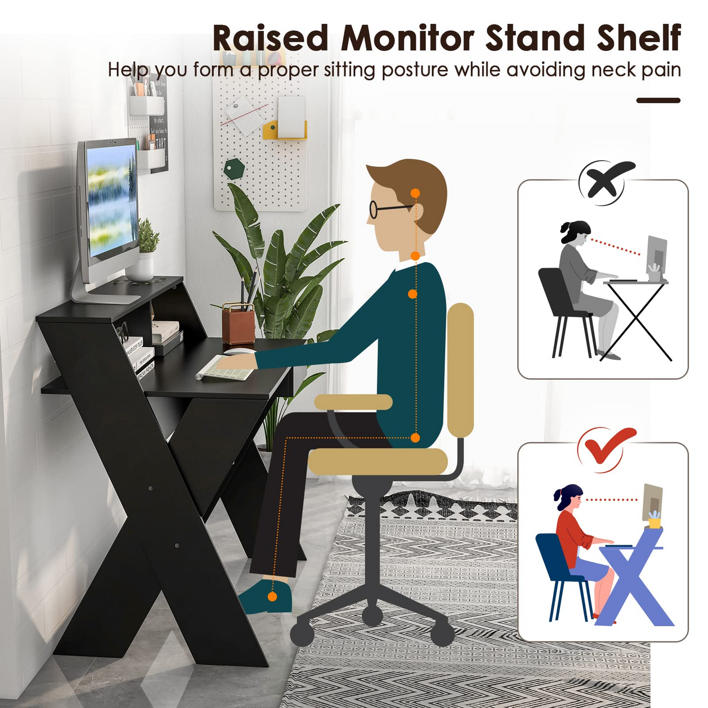 Tangkula Computer Desk with Storage Drawer, Small Writing Desk with Monitor Stand Riser