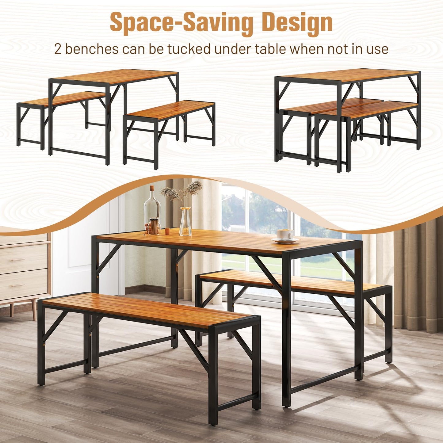 Tangkula 3 Pieces Patio Dining Set for 6 People, Outdoor Picnic Table & 2 Benches, 53” Acacia Wood Dining Table
