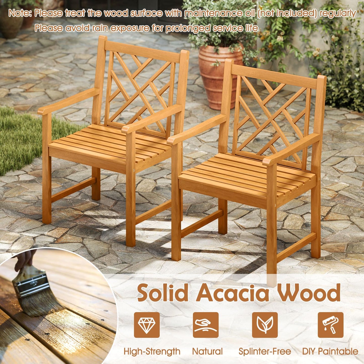 Tangkula Set of 2/4 Outdoor Dining Chairs Acacia Wood with Cross-Pattern Backrest